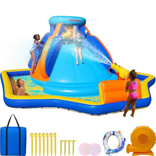 Sportspower Battle Ridge Inflatable Water Slide Bounce House with Climbing Wall, Water Cannons & Splash Pool, ASTM Certified, Outdoor Water Park for Kids, 450W Blower